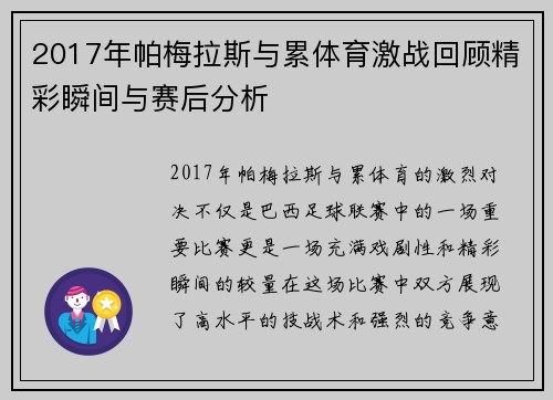 2017年帕梅拉斯与累体育激战回顾精彩瞬间与赛后分析